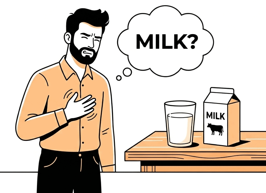 A minimalist illustration of a man clutching his chest in discomfort from acid reflux. A thought bubble above him contains the text "MILK?" as he looks toward a glass and carton of milk on a wooden table.